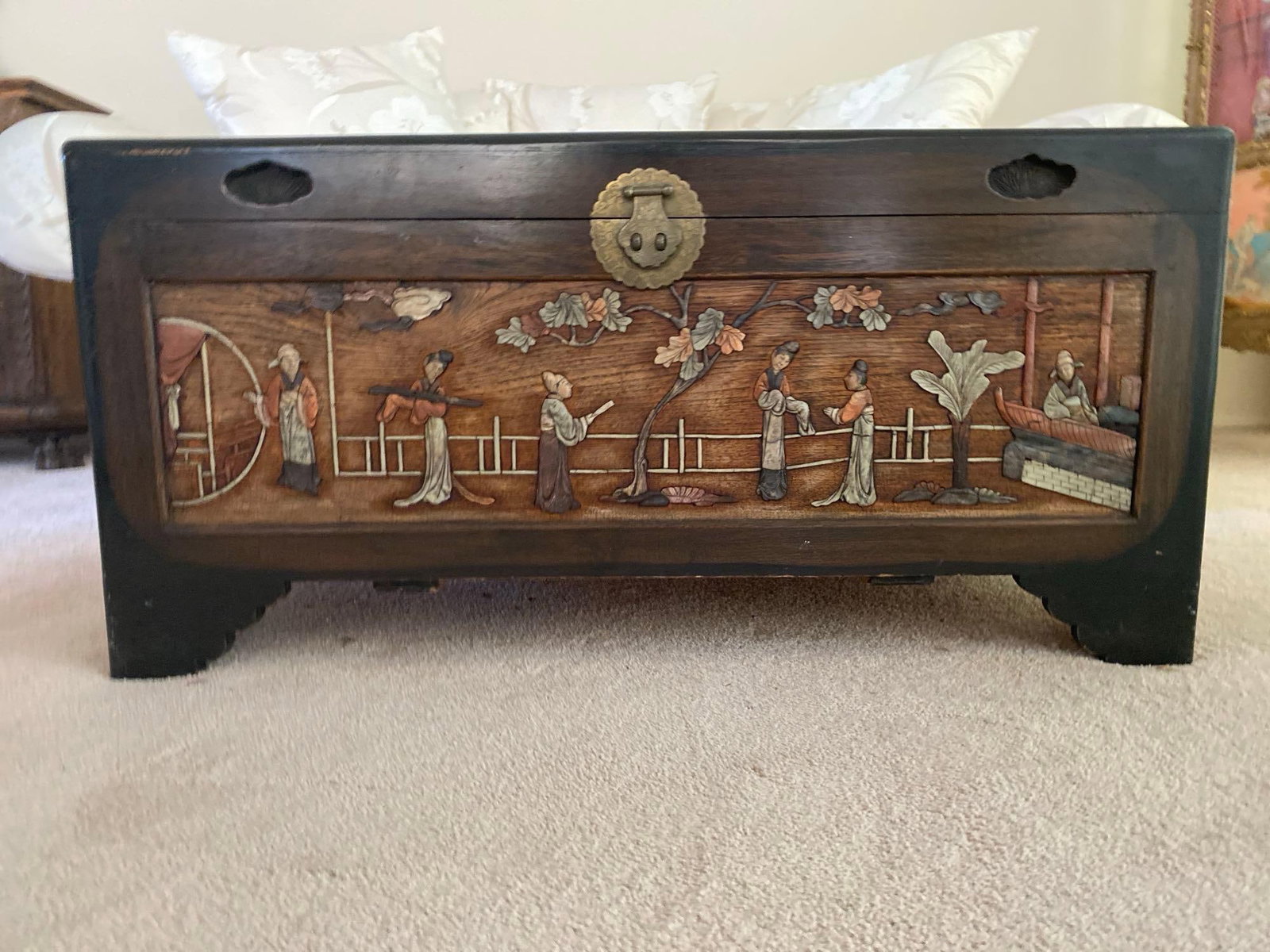 Chinese Carved Camphor Hardstone Mounted Blanket Chest: Chinese carved camphor hardstone mounted blanket chest. Approximately 40 inches. No shipping available for this lot. Local pickup only.