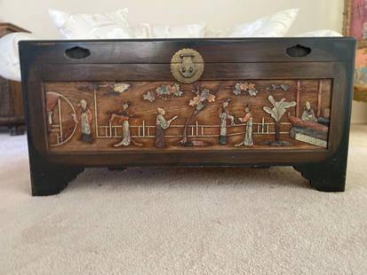 Chinese Carved Camphor Hardstone Mounted Blanket Chest: Chinese carved camphor hardstone mounted blanket chest. Approximately 40 inches. No shipping available for this lot. Local pickup only.