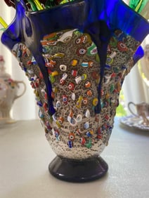 Signed Art Glass Vase With Glass Flowers