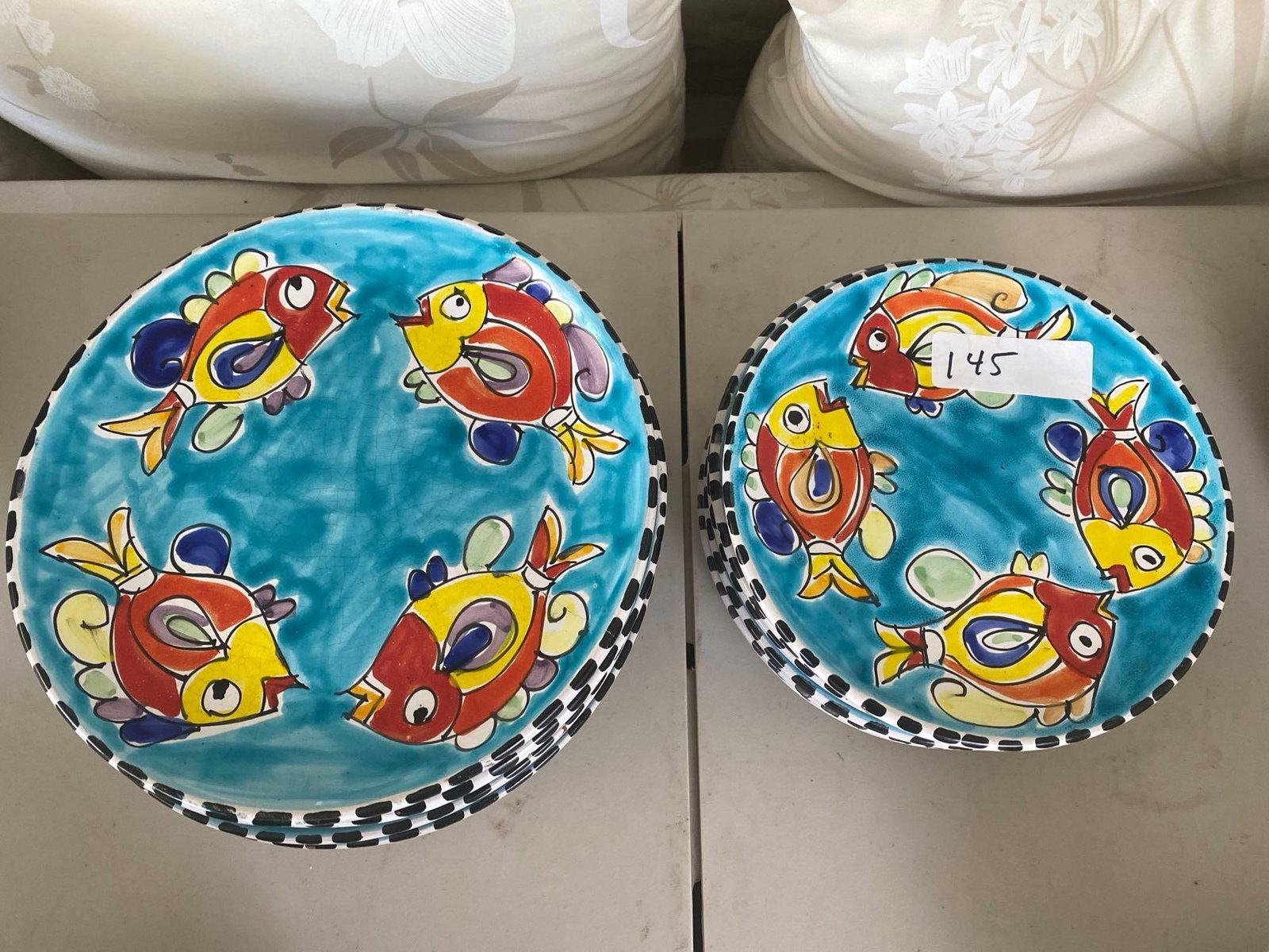 Italian Pottery Dinner And Salad Plates With Fish Theme: Italian pottery dinner and salad plates with fish theme.