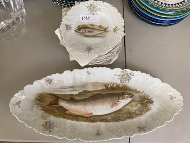 Antique Austrian Porcelain Fish Platter & Plates