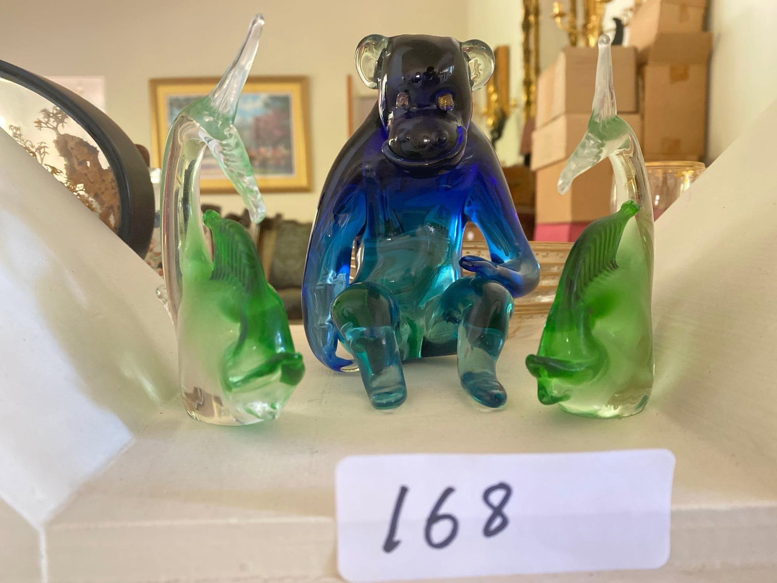 Art Glass Monkey & Fish: Art glass monkey & fish.