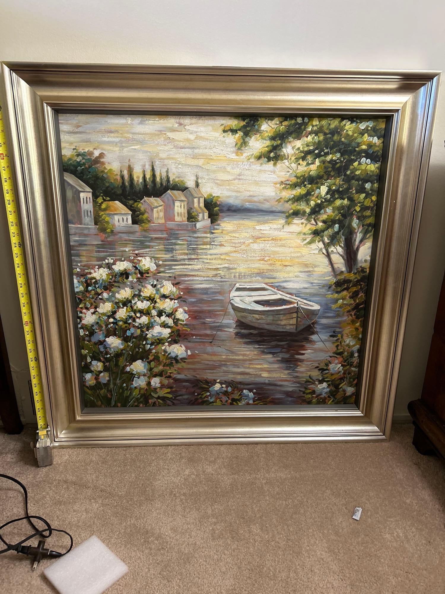 Large Acrylic Painting With River And Boat: Large acrylic, painting with river and boat