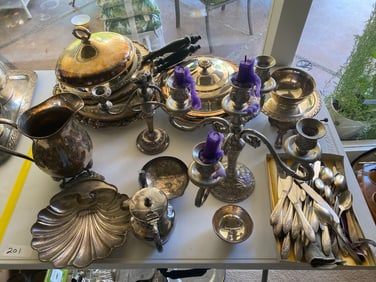Grouping Of Silverplate Pitcher, Candelabra, Serving Dishes