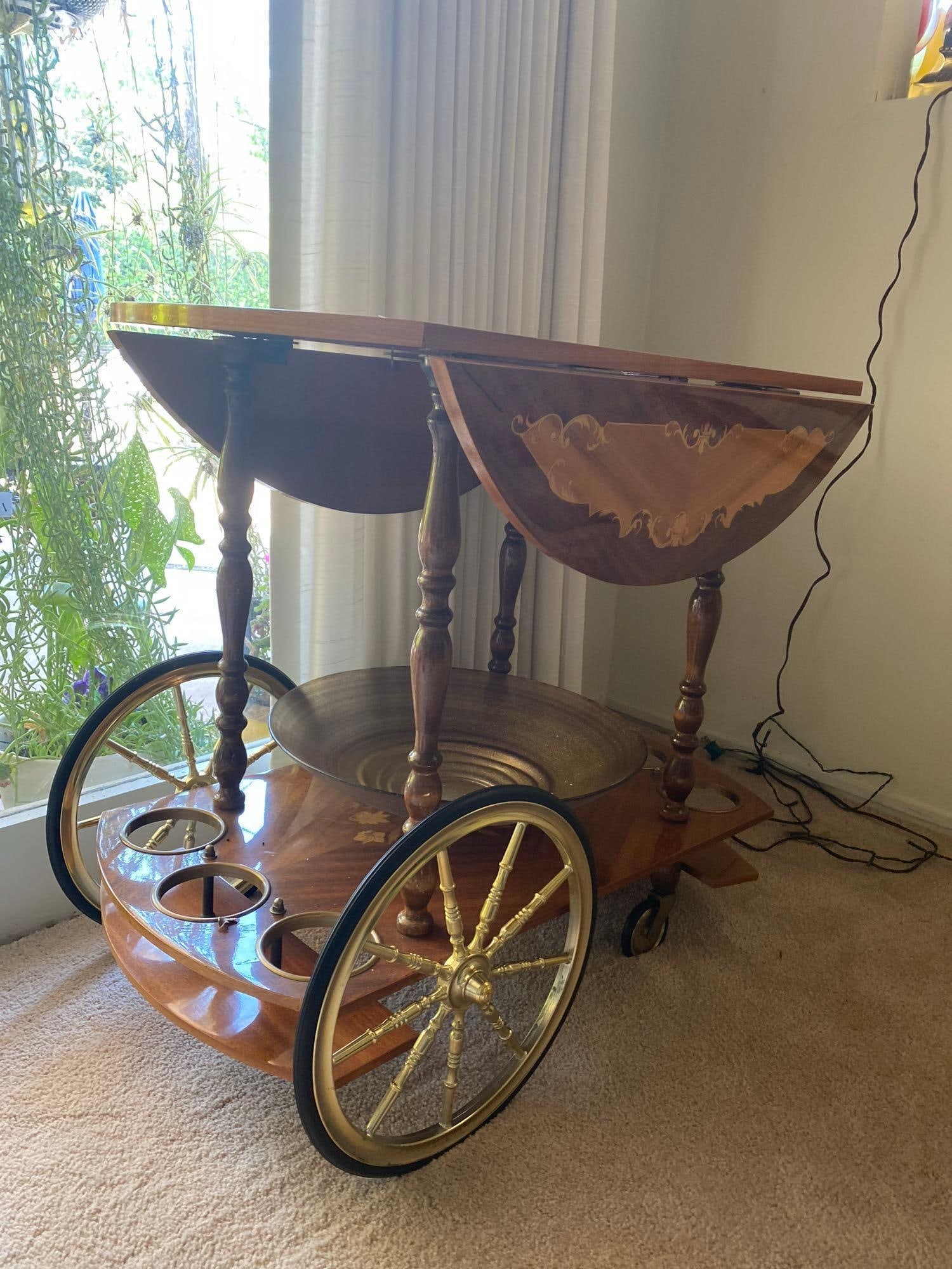 Italian Inlaid Marquetry Bar Cart With Large Console Bowl (1 of 5)