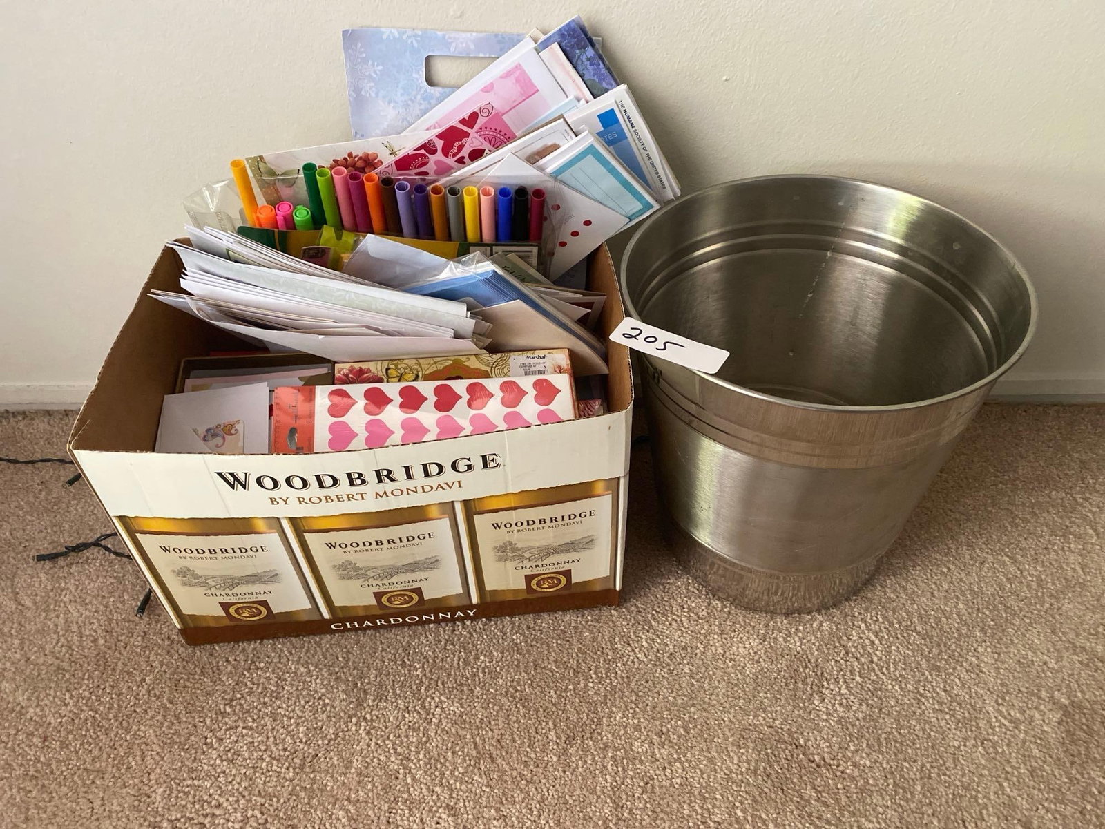 Box Of Greeting Cards, Stickers, Colored Markers And Waste Paper Basket: Box of greeting cards, stickers, colored markers and waste paper basket.