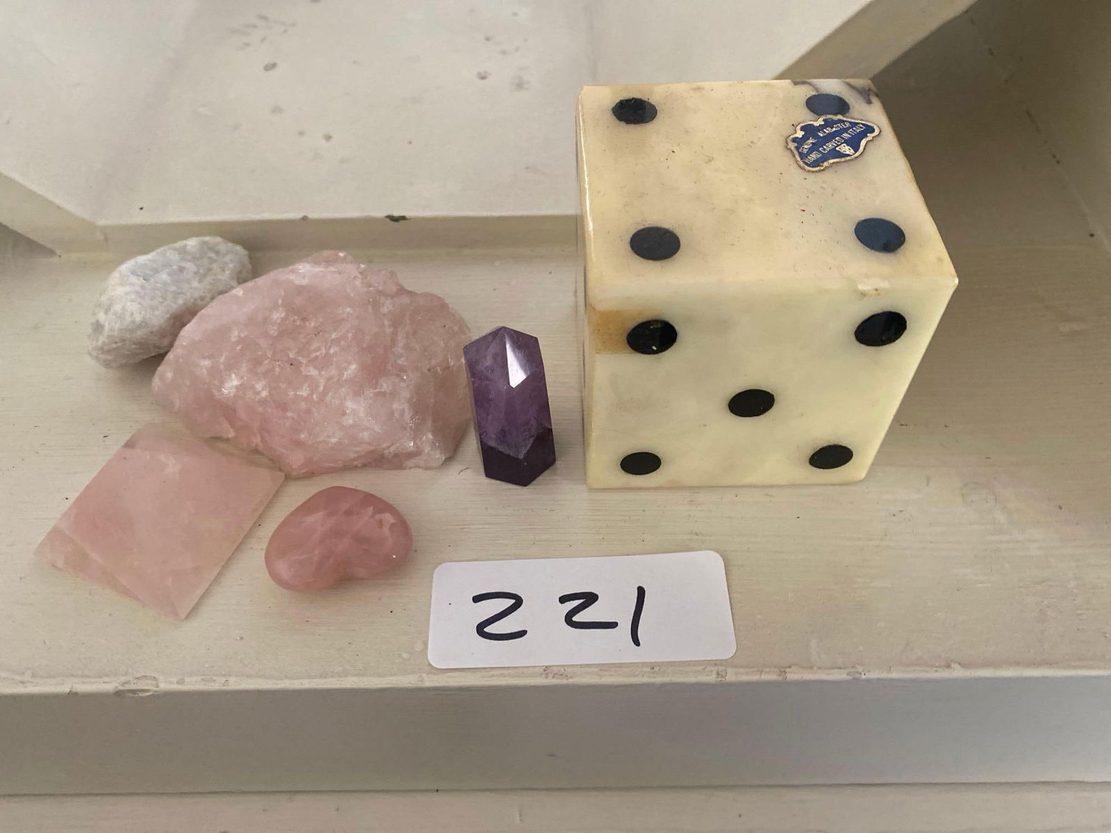 Grouping Of Crystals And Alabaster Dice: Grouping of crystals and alabaster dice from Italy.