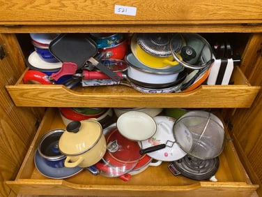 Two Drawers Of Pots, Pans, And Kitchen Equipment