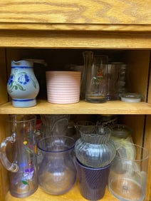 Assorted Glassware, Stoneware Pitcher, And More