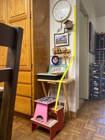 Miscellaneous Decor, Two Step Stools. Tv Tray Table, Framed Art And Clocks