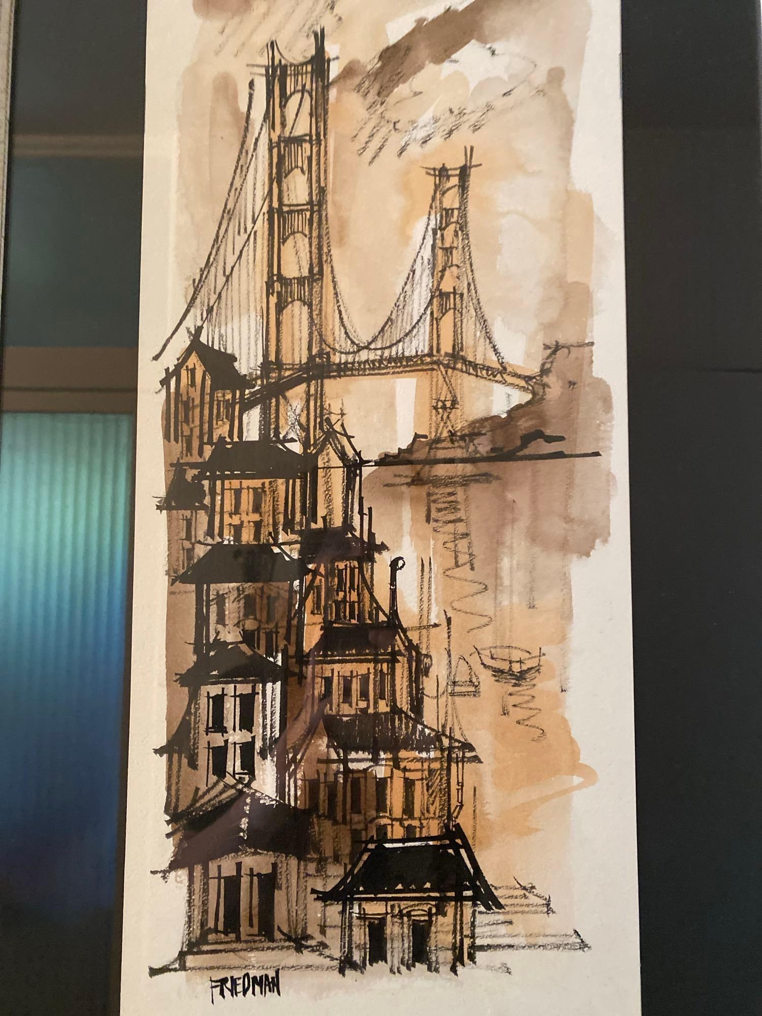 Mid Century San Francisco Cityscape Watercolor, Signed Friedman (1 of 3)