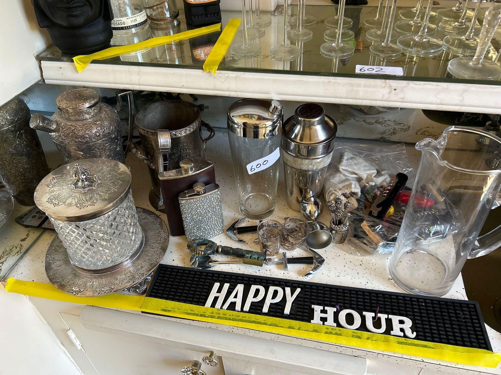 Grouping Of "Happy Hour" Items: Grouping of "Happy Hour" items. Flasks, cocktail shakers, ice bucket, and more.