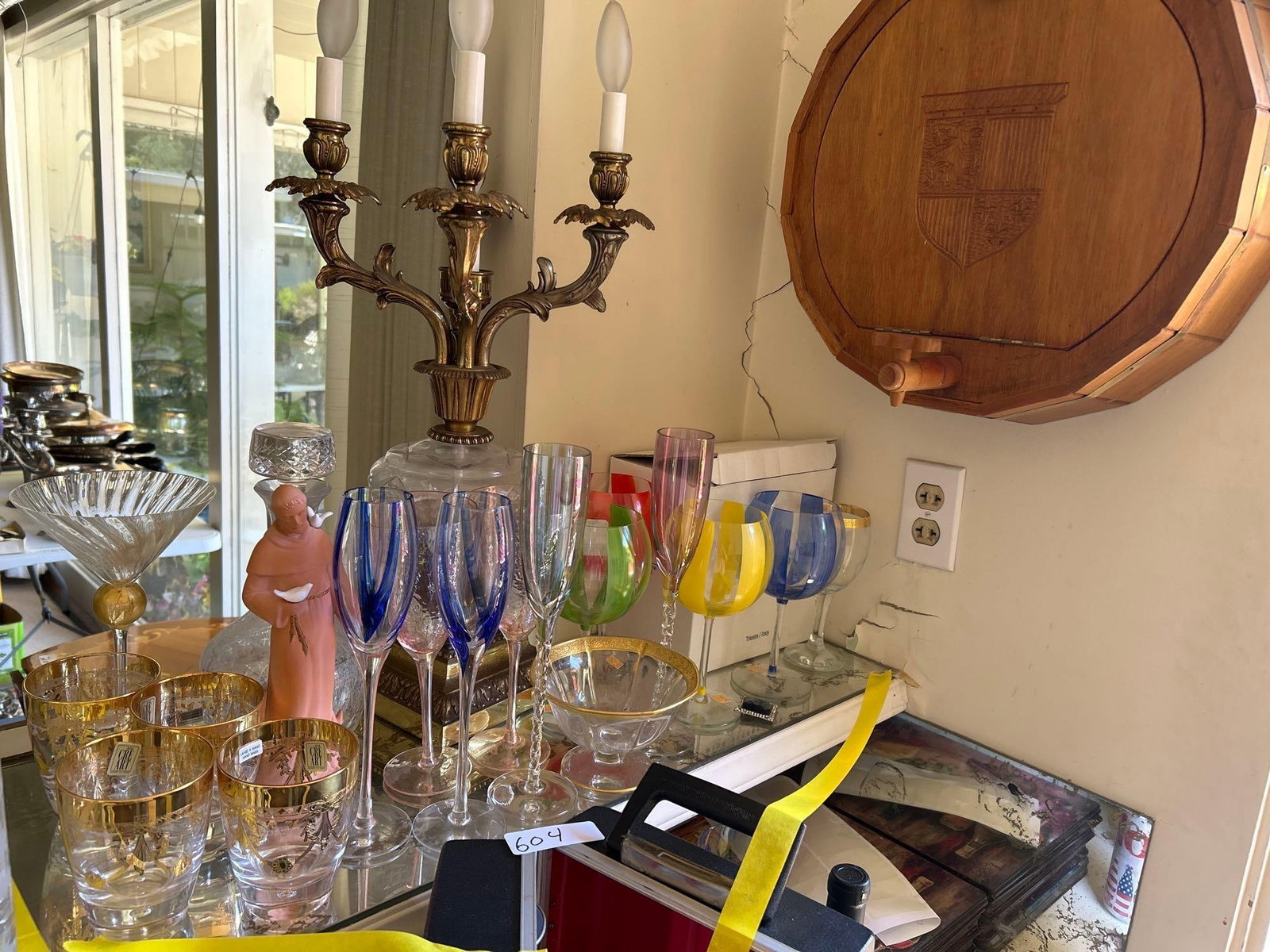 Glassware, Cocktail Set, Decor: Portable cocktail shaker set, wine barrel with decanters and glasses, wine themed placemats.