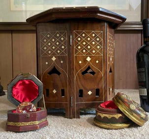 Moroccan Style Inlaid Side Table And Two Boxes