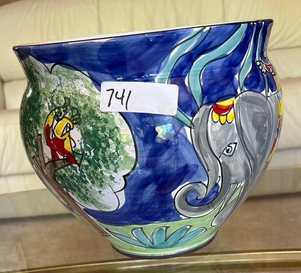 Large Saks Fifth Avenue Italian Pottery Jardiniere With Elephant Motif: Large Saks Fifth Avenue Italian pottery jardiniere with elephant motif.