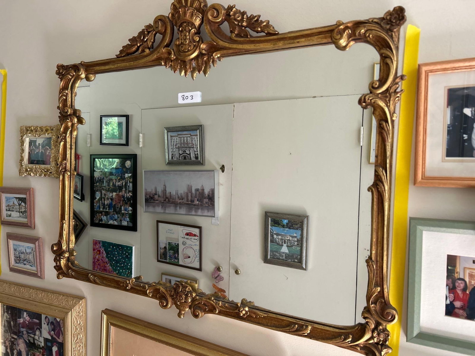 Large Rococo Style Mirror & Grouping Of Artwork: Large Rococo style mirror, Anton Peck, paper, cut outs, frames, nude.