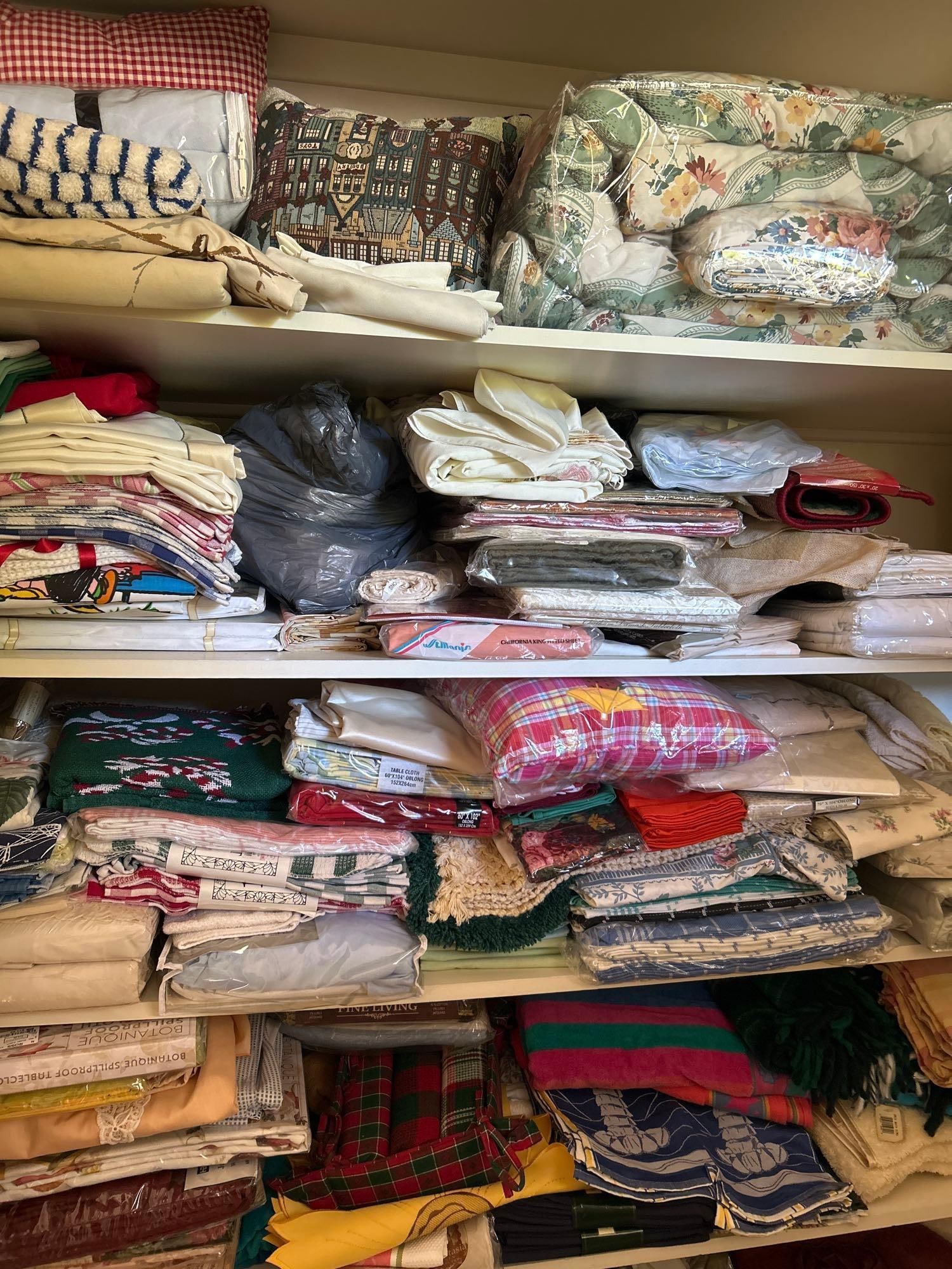 Four Shelves Of Linens, Many New In Package: Four shelves of linens, many new in package. Left side of closet.