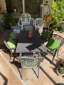 Seven Piece Metal Patio Set, With Green Cushions