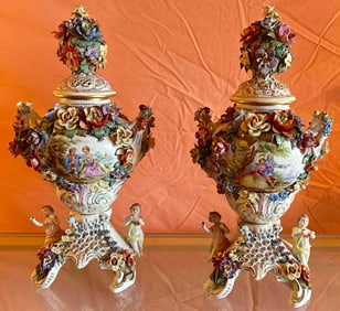 Pair Of Dresden Porcelain Potpourri Urns