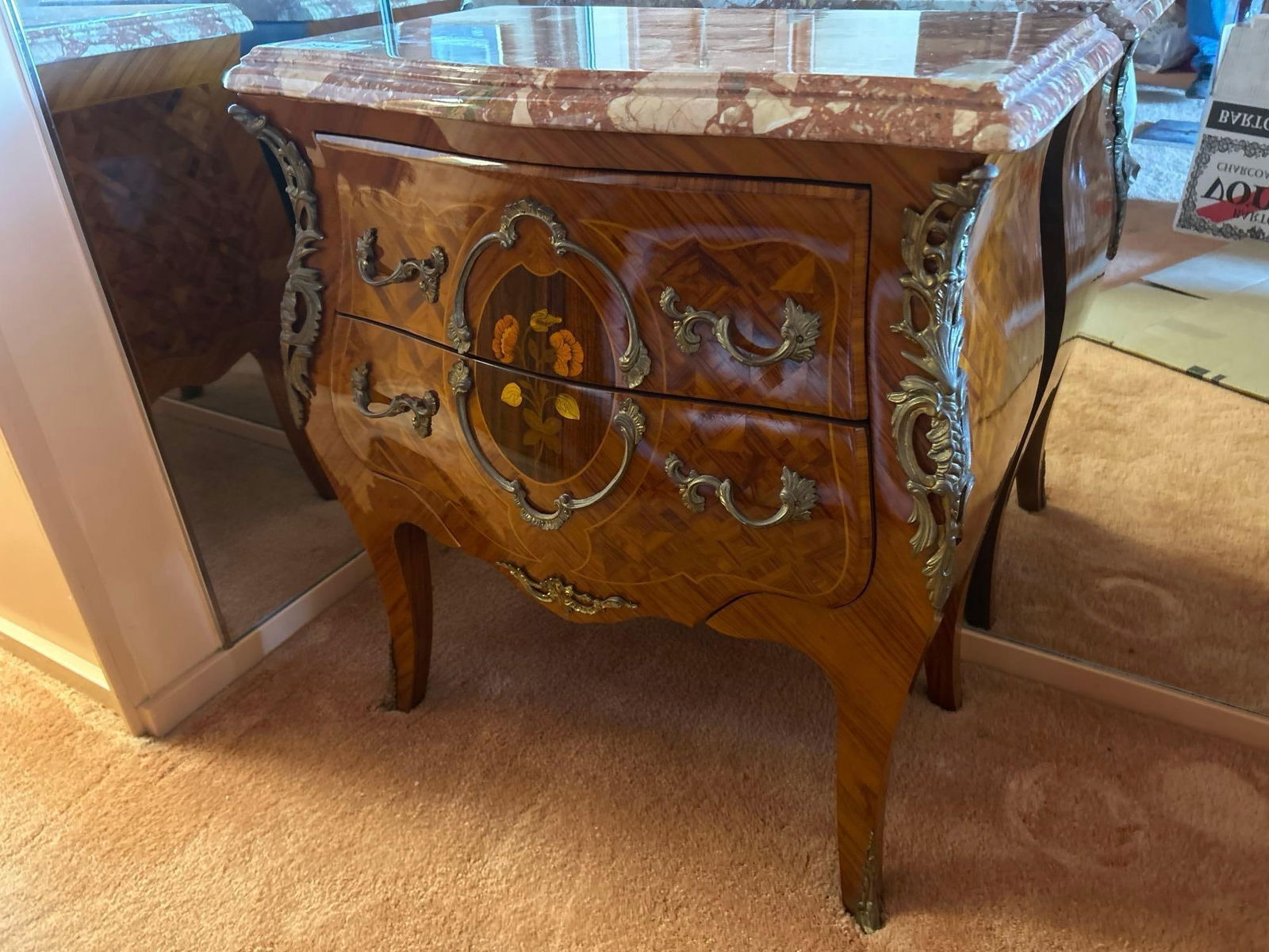 Marble Top Commode With Marquetry Decoration: Marble top commode with marquetry decoration. No shipping available for this lot. Local pickup only.f