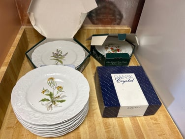 Grouping Of Dansk Porcelain Luncheon Plates And Crystal