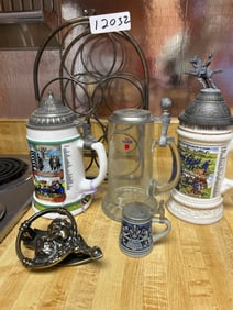 Grouping Of German Steins, Wine Rack, And Door Knocker