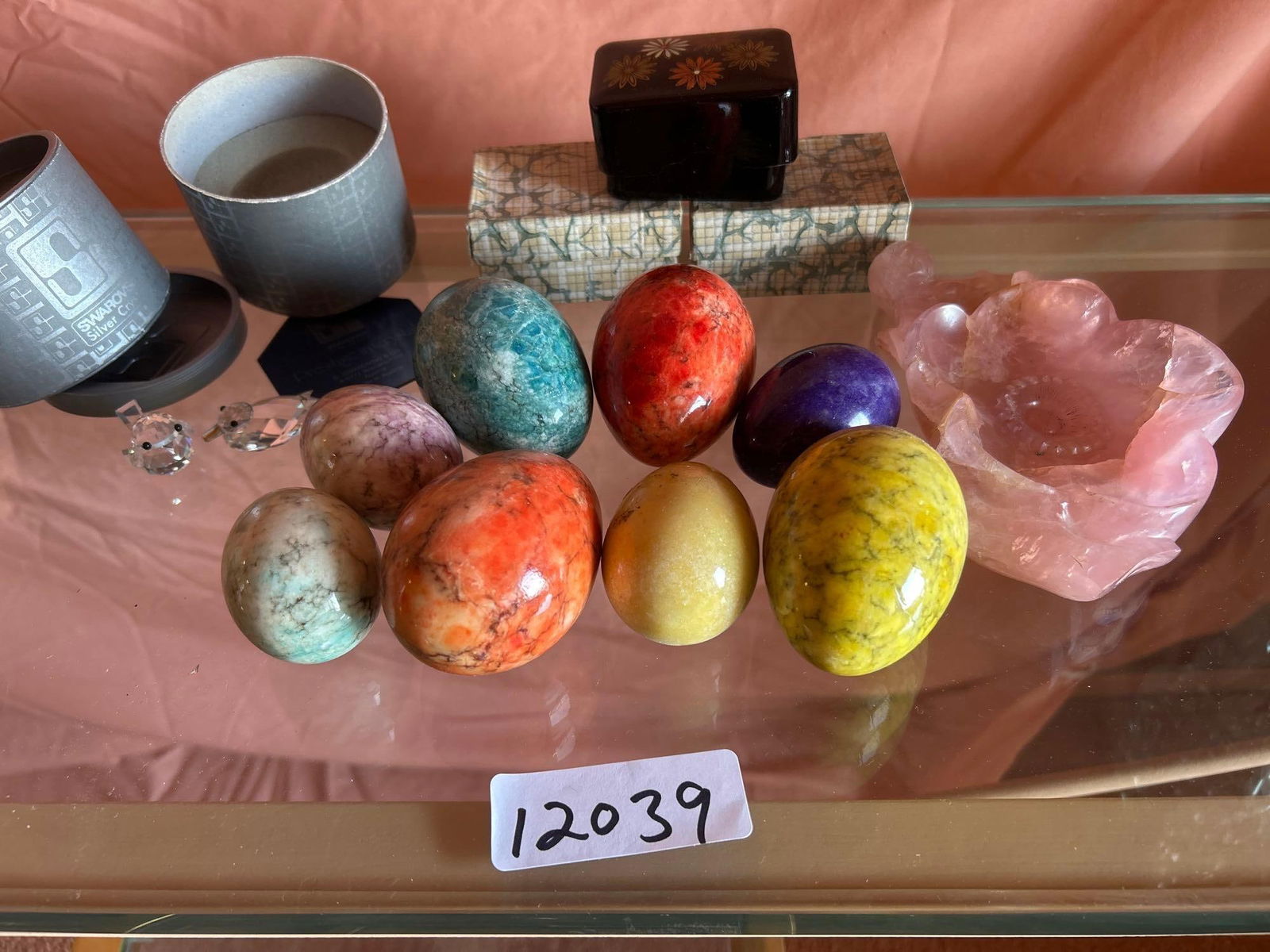 Semi Precious Stone, Eggs, Swarovski Crystal Animals, Lacquer Boxes, Rose Quartz Chinese Dish (1 of 6)