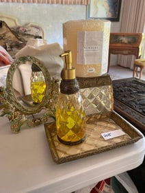 Three Piece Vanity Set And Enamel Mirror With Bird Motif