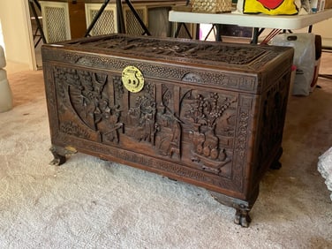 Chinese Carved Camphor Chest With Linens