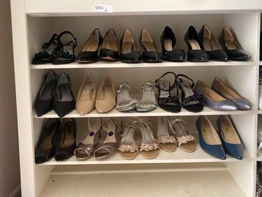 Three Shelves Of High Heeled Shoes And Flats, Sizes 8-9