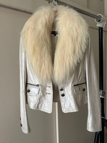 White Cropped Leather Jacket With Fox Fur Collar