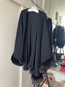 Black Fur Trimmed Wool Cape And Two Fur Trimmed Scarves
