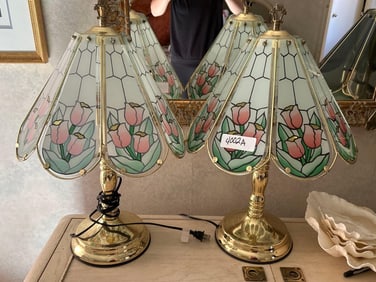 Pair Of Tulip Pattern Brass Table Lamps