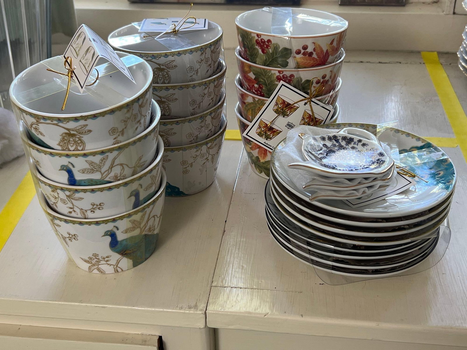 Rice Bowls And Small Plates, Most With Peacock Design: Rice bowls and small plates, most with peacock design.