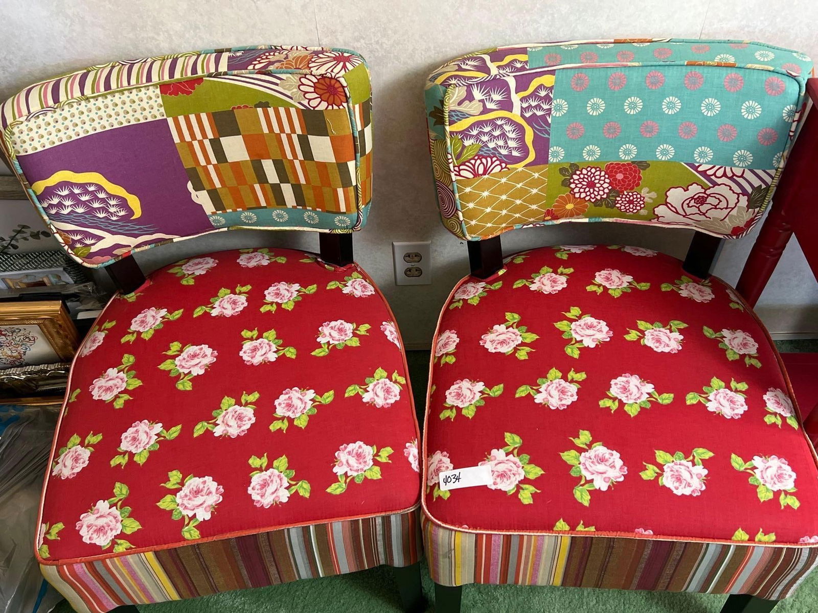 Pair Of Brightly Patterned Upholstered Side Chairs: No shipping available on this lot, local pickup only. Pair of brightly patterned upholstered side chairs.