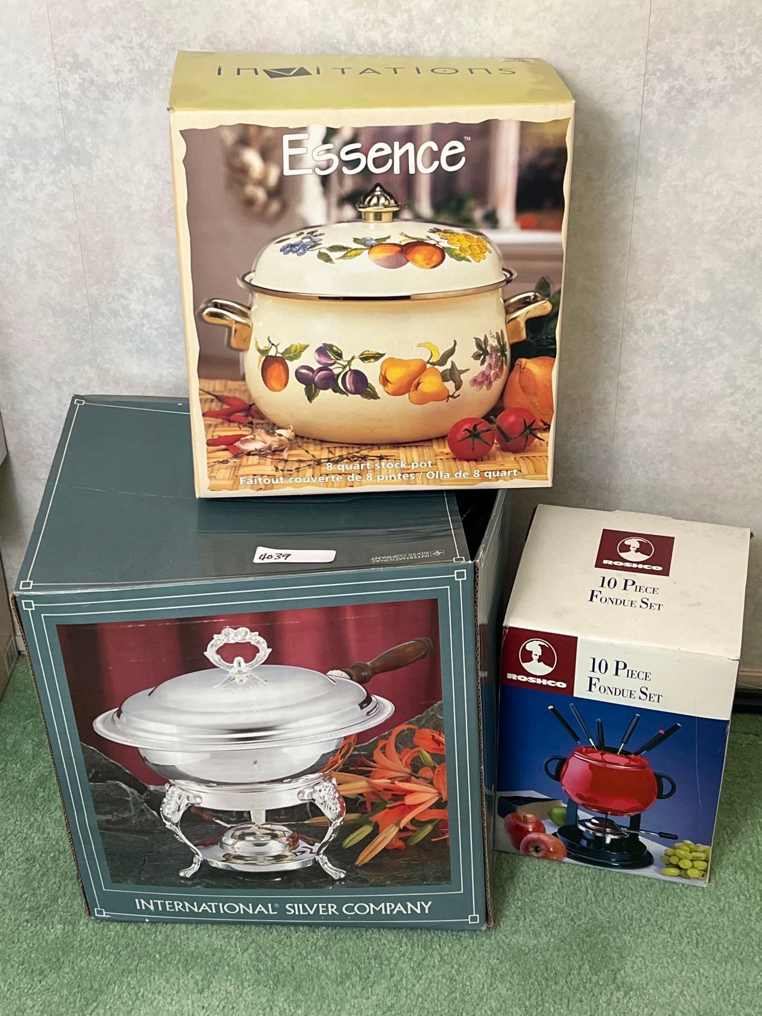 International Silver Plate Chafing Dish, Fondue Set, And Enamel Pot (1 of 3)