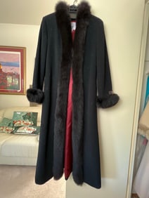 Marvin Richards Fur Trimmed Black Wool & Cashmere Blend Coat