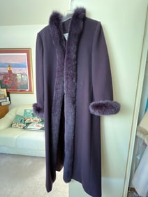 Marvin Richards Fur Trimmed Burgundy Wool Coat