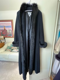 Marvin Richards Fox Fur Trimmed Black Wool & Cashmere Blend Coat