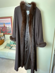Marvin Richards Fox Fur Trimmed Brown Wool & Cashmere Blend Coat