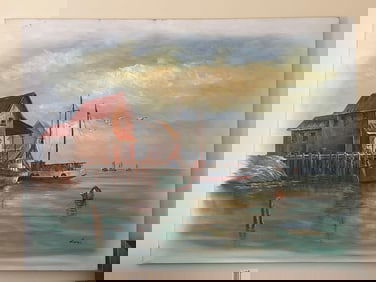 Large Oil On Canvas Harbor Scene, Signed Luini