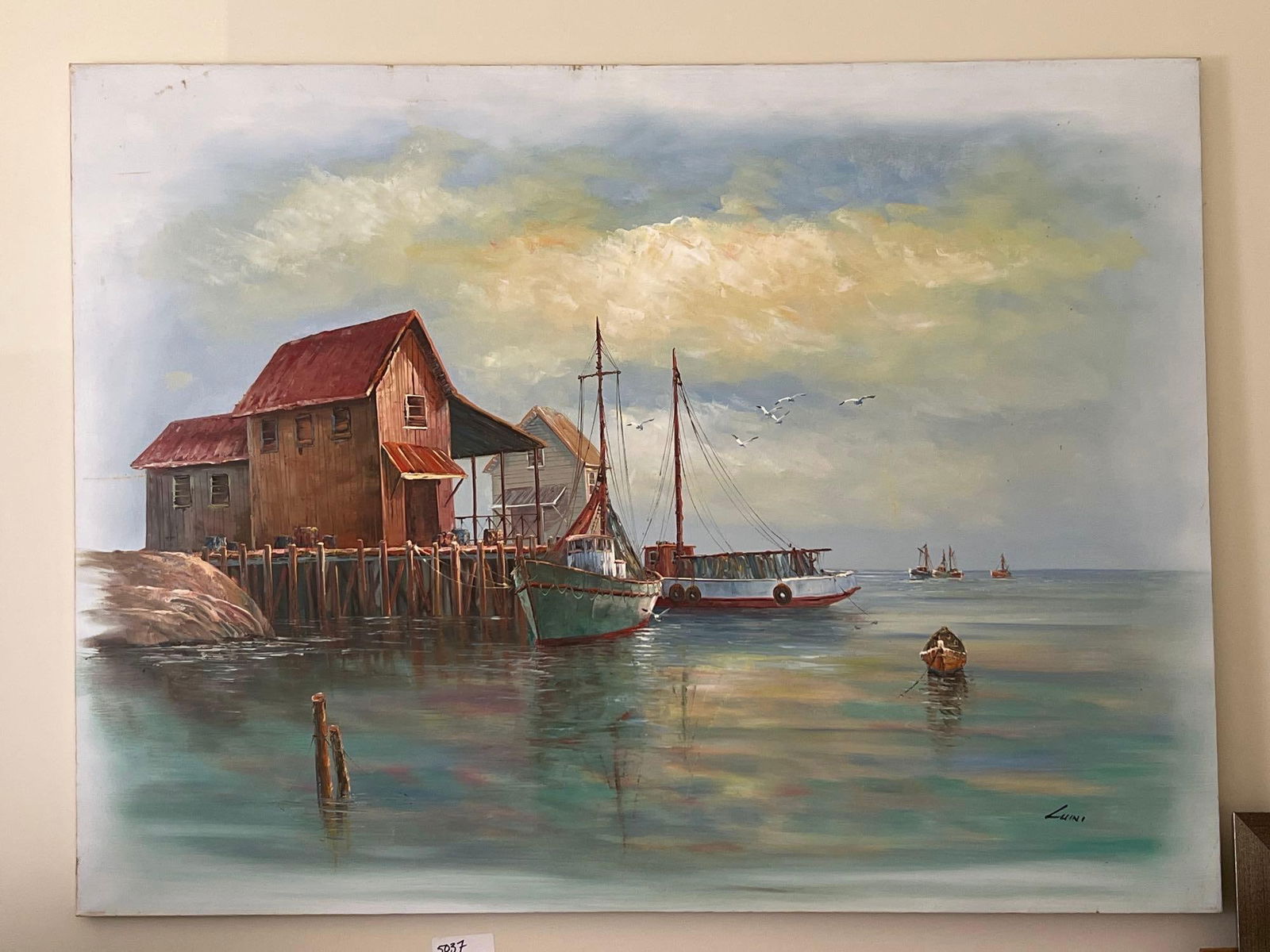 Large Oil On Canvas Harbor Scene, Signed Luini (1 of 3)
