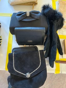 Fur Trimmed Suede Gloves And Group Of Purses