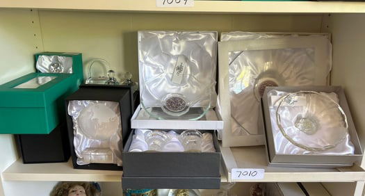 Collection Of Crystal Perfume Bottles, Paperweights, And Tableware