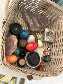 Stone Eggs, Amethyst And Rose Quartz Stands, Inlaid Stone Box, And Other Decor