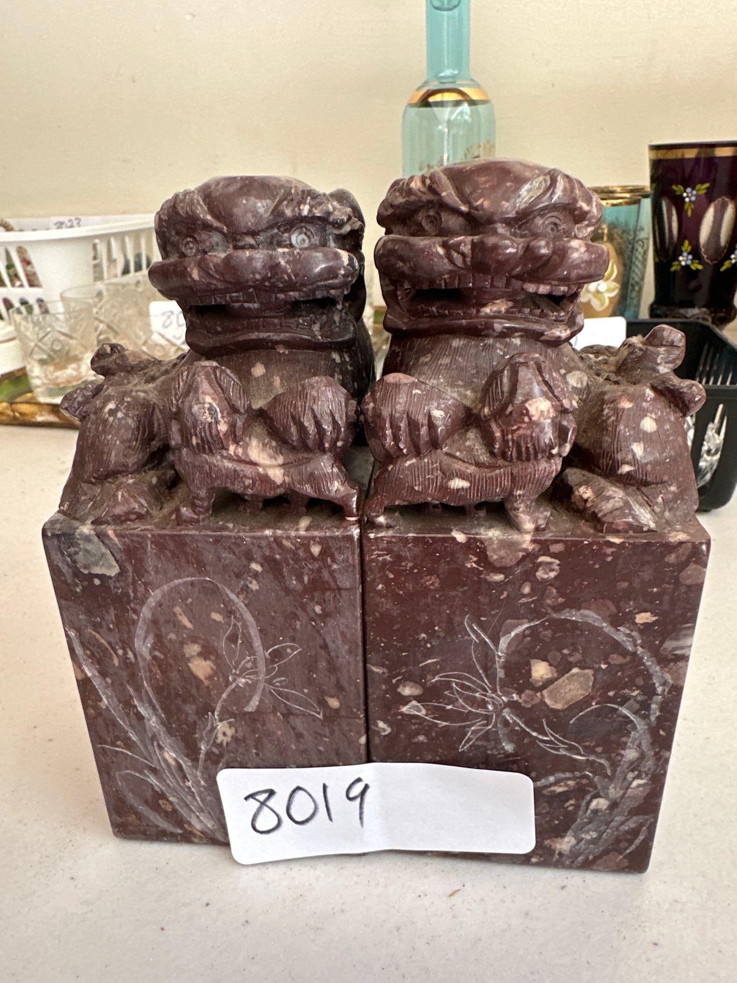 Pair Of Carved Soapstone Foo Lions: Pair of carved soapstone foo lions.