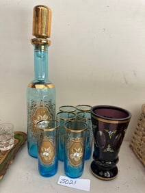 1960'S Gilt Glass Decanter Set And Cut To Clear Glass Vase