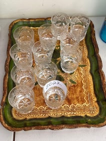 Twelve Crystal Shot Glasses And Mid Century Tray