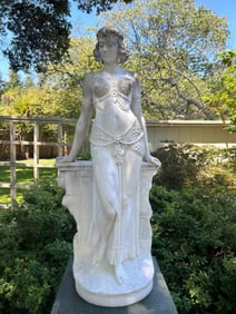 Large Art Deco statue of a woman on Egyptian revival column, signed "F. Saul."