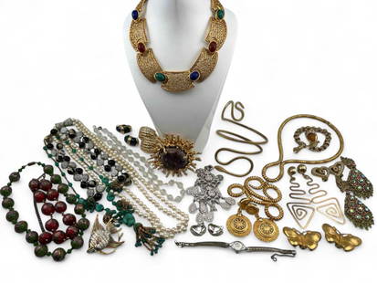 Collection Of Vintage & Designer Costume Jewelry Including Givenchy: Collection Of Vintage & Designer Costume Jewelry Including Givenchy. Lot also includes glass bead necklaces, large brutalist amethyst geode pendant, cut crystal beads, rhinestones, faux pearls, and mo